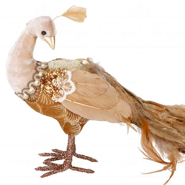 T 82015 Goodwill Christmas Decorative Items Fabric Brocade Plume Peacock Tabletop Gold Cream Closeup