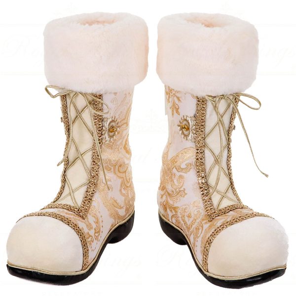 T 82020 Goodwill Christmas Decorative Items Fabric Furry Brocade Santa Boot Tabletop Cream Gold White