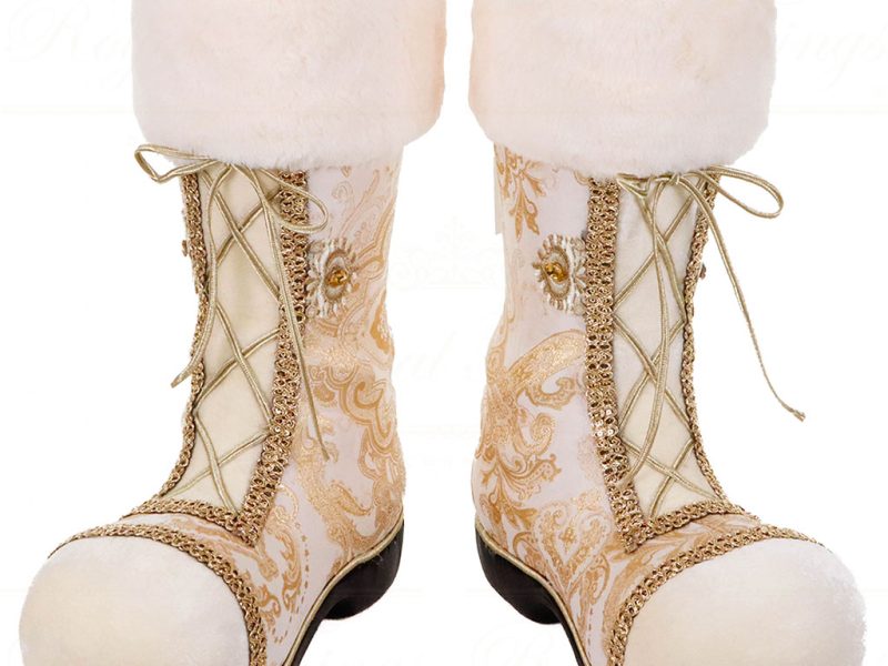 T 82020 Goodwill Christmas Decorative Items Fabric Furry Brocade Santa Boot Tabletop Cream Gold White