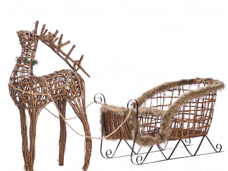 T 82053 Goodwill Christmas Decorative Items Woodland Rattan Sleigh With Deer Display Brown Black