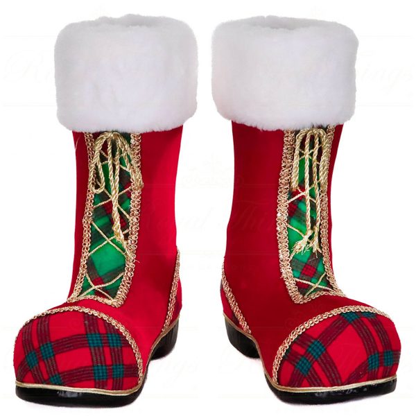 T 82069 Goodwill Christmas Decorative Items Fabric Tartan Santa Boots Tabletop Red Green White