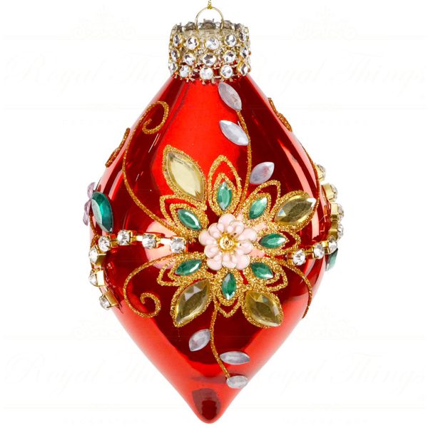 Tc 15226 Goodwill Christmas Balls Glass Jewel 3d Flower Finial Ornament Red Gold