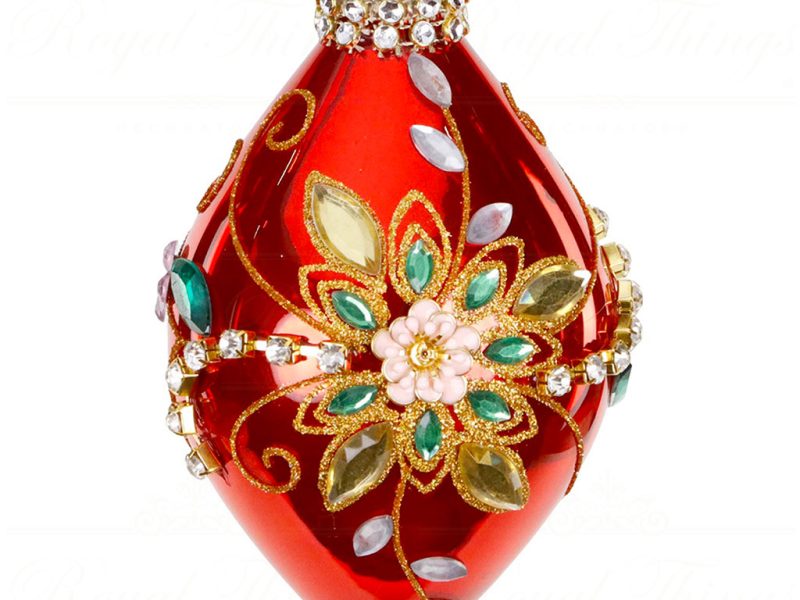 Tc 15226 Goodwill Christmas Balls Glass Jewel 3d Flower Finial Ornament Red Gold