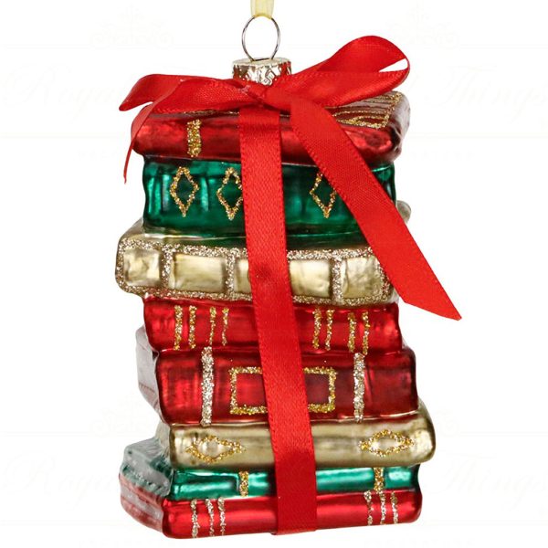 Tr 18028 Goodwill Glass Christmas Ornaments Glass Xmas Stack Of Books With Bow Ornament Red Green