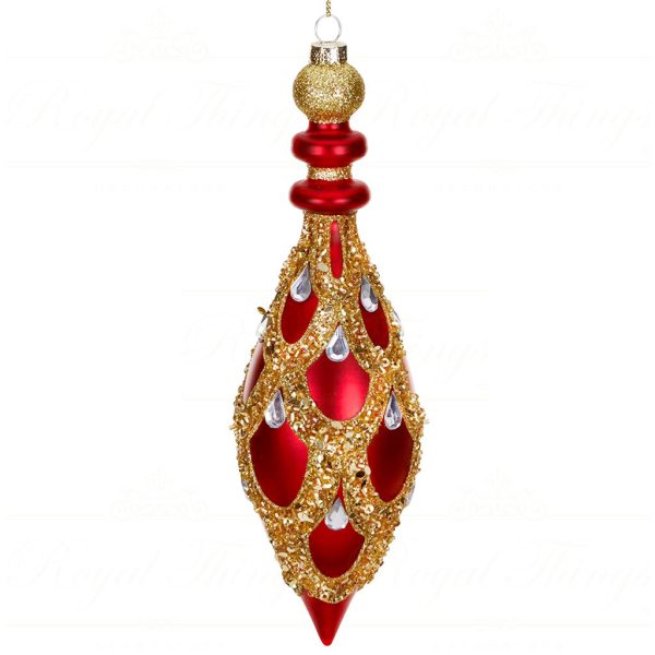 Tr 18111 Goodwill Christmas Balls Glass Jewel Scallop Finial Ornament Red Gold