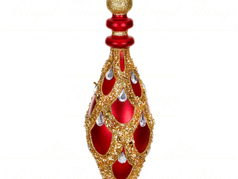 Tr 18111 Goodwill Christmas Balls Glass Jewel Scallop Finial Ornament Red Gold