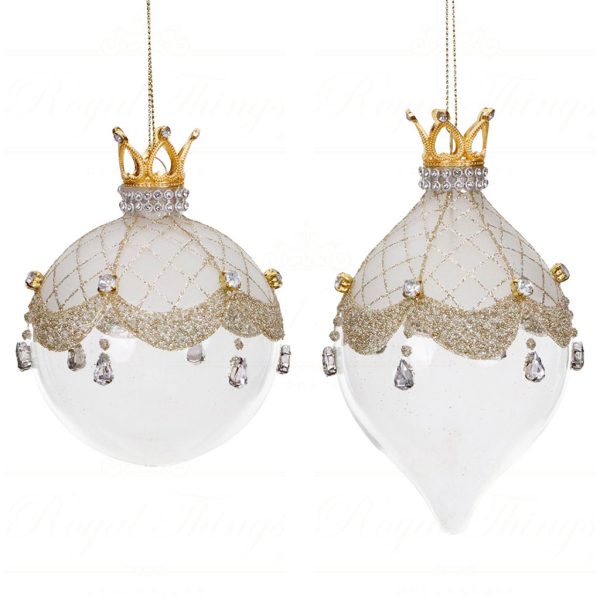 Tr 18203 Goodwill Glass Christmas Balls Glass Crown Jewel Ball Finial Ornament White Gold