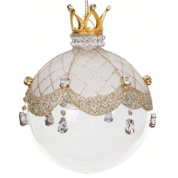 Tr 18203 Goodwill Glass Christmas Balls Glass Crown Jewel Ball Finial Ornament White Gold Round