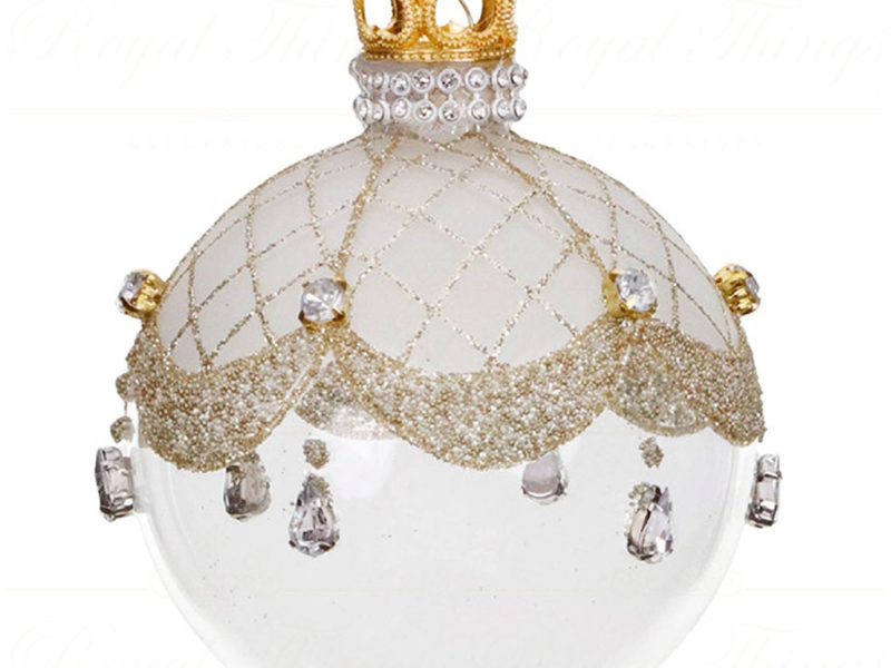 Tr 18203 Goodwill Glass Christmas Balls Glass Crown Jewel Ball Finial Ornament White Gold Round
