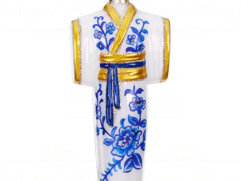Tr 18210 Goodwill Christmas Ornaments Glass Oriental Kimono Ornament White Blue Gold