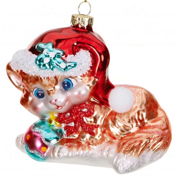 Tr 18224 Goodwill Christmas Ornaments Glass Retro Cat With Ball Ornament Orange Red Green