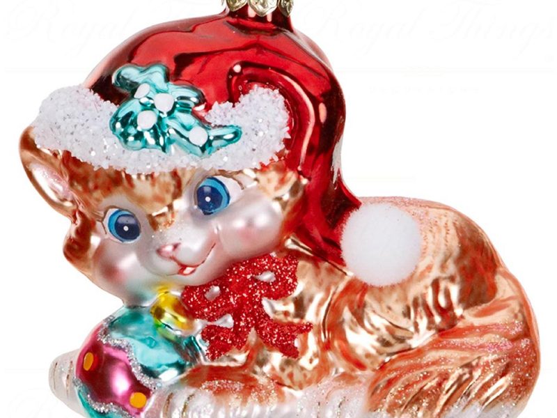 Tr 18224 Goodwill Christmas Ornaments Glass Retro Cat With Ball Ornament Orange Red Green