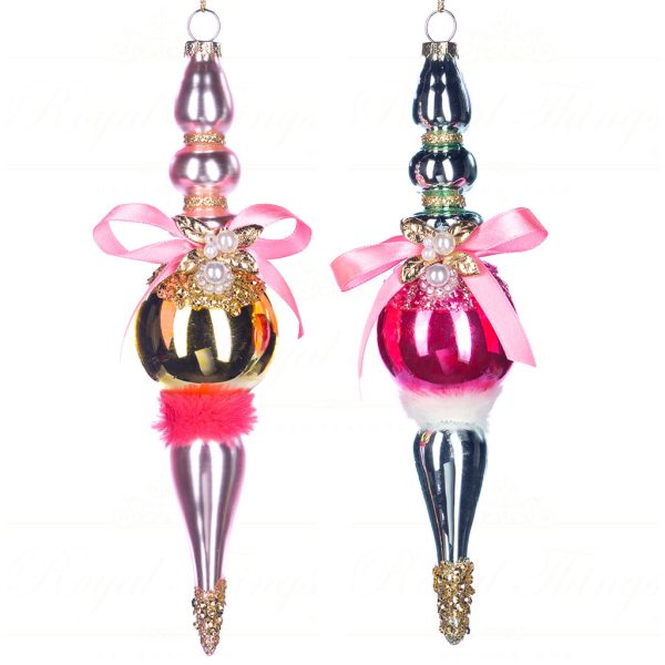 Tr 19027 Goodwill Christmas Balls Glass Bow Pearl Finial Ornament Pink Gold Silver