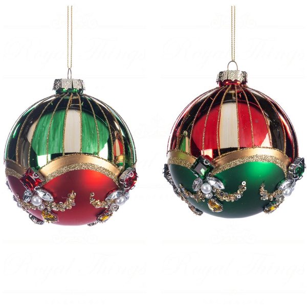 Tr 19048 Goodwill Glass Christmas Balls Glass Jewel Stripe Ball Green Red Gold