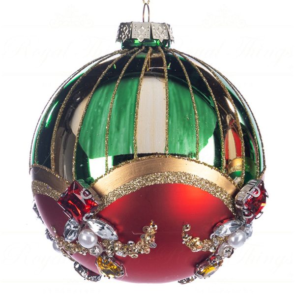 Tr 19048 Goodwill Glass Christmas Balls Glass Jewel Stripe Ball Green Red Gold Vari A
