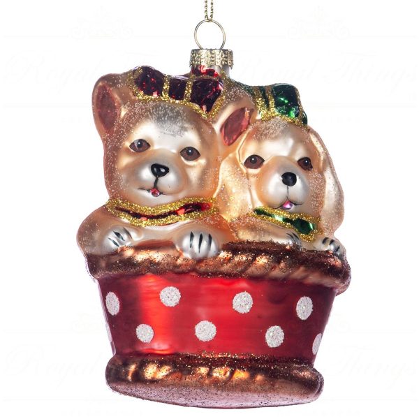 Tr 19182 Goodwill Glass Christmas Ornaments Glass Puppy Dogs In Basket Ornament Red Green Brown