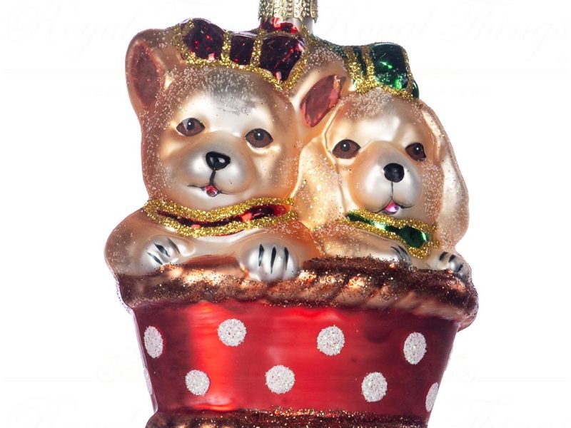 Tr 19182 Goodwill Glass Christmas Ornaments Glass Puppy Dogs In Basket Ornament Red Green Brown