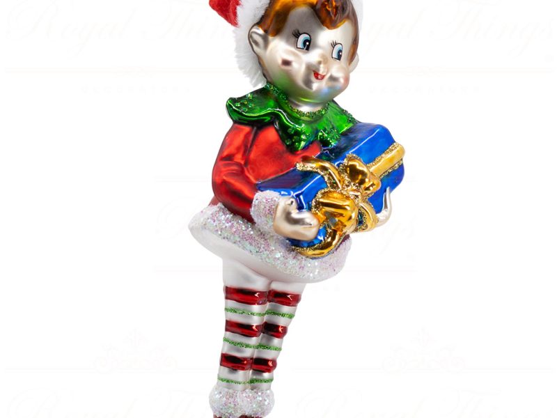 Tr 20597 Goodwill Glass Christmas Ornaments Glass Xmas Elf With Gift Red Green White