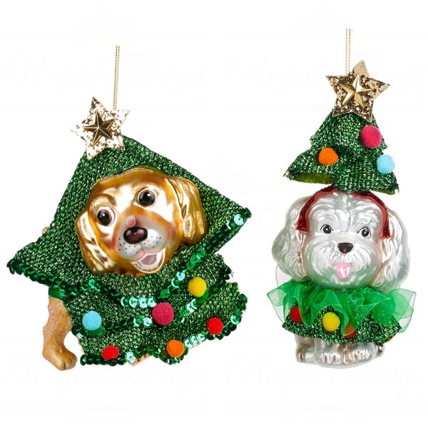 Tr 22458 Goodwill Christmas Ornaments Glass Dog In Xmas Tree Costume Ornament Green White Gold