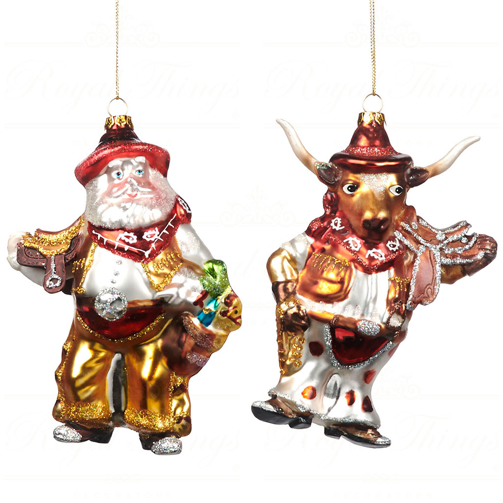 TR 25153 goodwill glass christmas ornaments glass cowboy santa ox ornament gold red white multi Tr 25153 Goodwill Glass Christmas Ornaments Glass Cowboy Santa Ox Ornament Gold Red White Multi