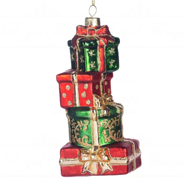 Ya 92715 Goodwill Glass Christmas Ornaments Glass Stack Of Gift Box Ornament Green Red Gold Vari Square