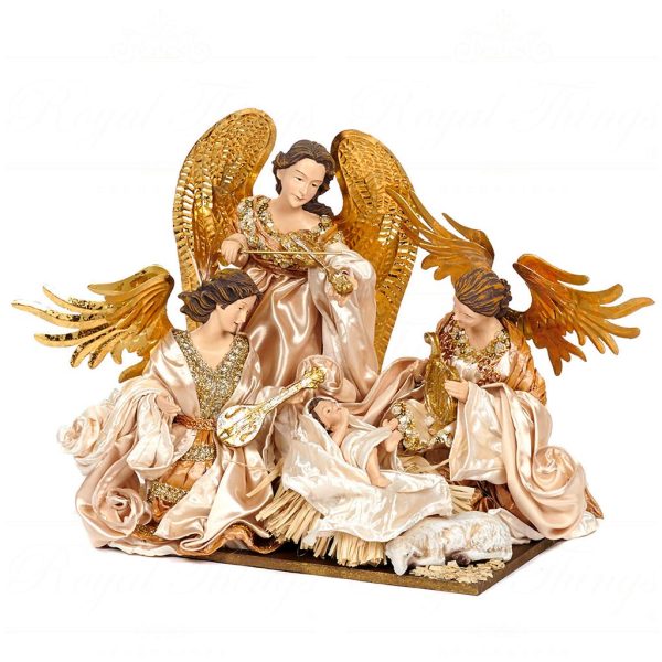 Z 19502 Goodwill Christmas Decorative Items Fabric 3 Angels With Baby Jesus On Base Cream Gold