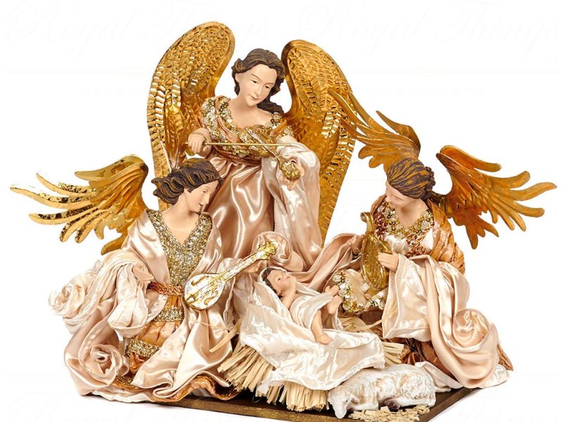 Z 19502 Goodwill Christmas Decorative Items Fabric 3 Angels With Baby Jesus On Base Cream Gold
