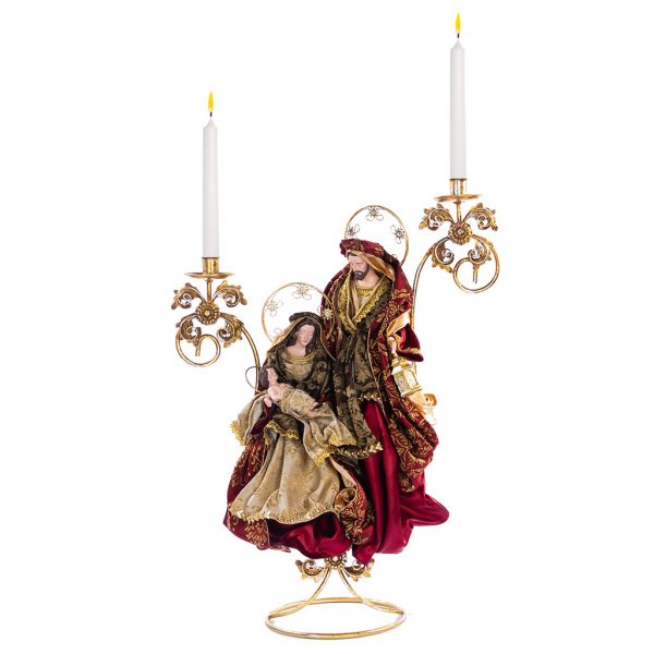 Z 19604 Christmas Decorative Items Holy Family Scene Candle Holder Tabletop Burgundy Brown Gold