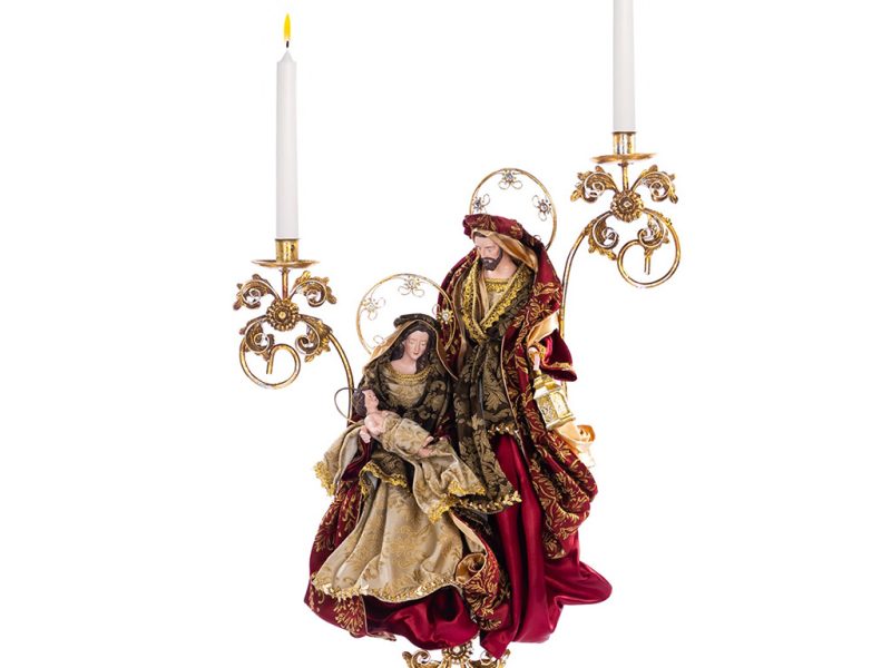 Z 19604 Christmas Decorative Items Holy Family Scene Candle Holder Tabletop Burgundy Brown Gold