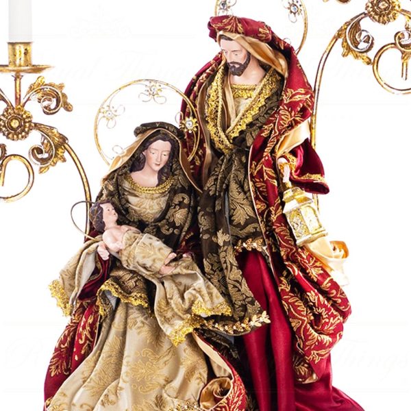 Z 19604 Goodwill Christmas Decorative Items Fabric Metal Holy Family Candle Holder Tabletop Burgundy Cream Brown Closeup