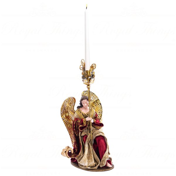 Z 19606 Goodwill Christmas Decorative Items Fabric Mettallic Kneeling Angel Candle Holder Burgundy
