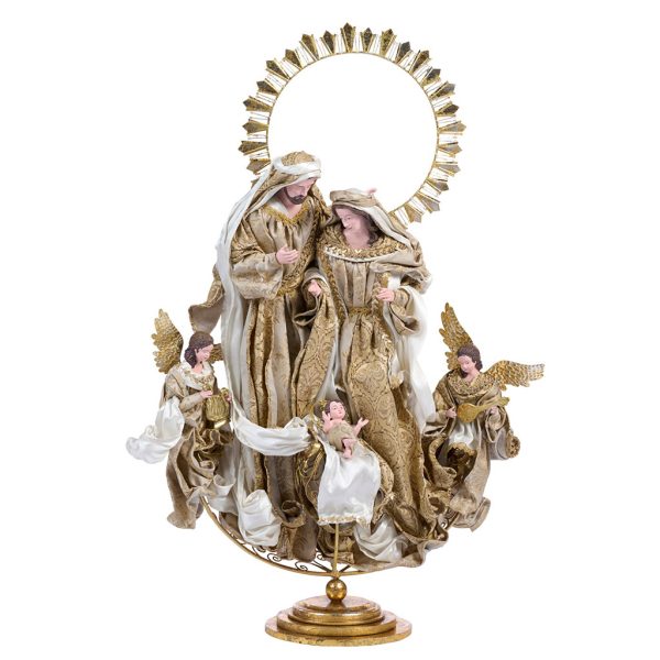 Z 19607 Christmas Decorative Items Holy Family With Angels On Base Tabletop White Cream Gold