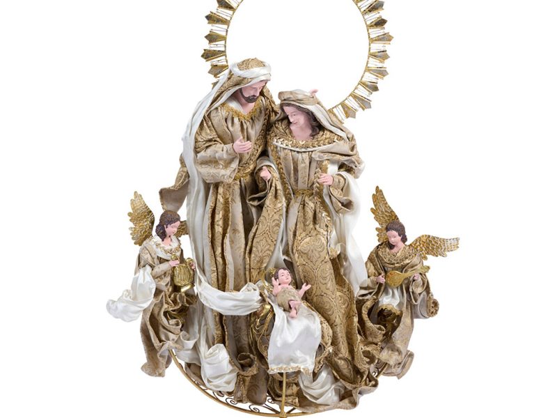 Z 19607 Christmas Decorative Items Holy Family With Angels On Base Tabletop White Cream Gold