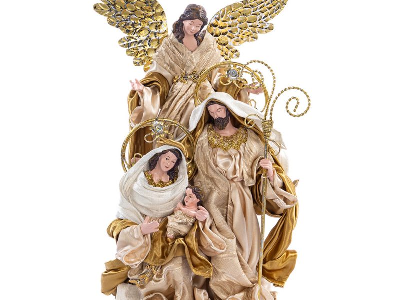 Z 19609 Christmas Decorative Items Holy Family With Angel On Base Tabletop White Cream Gold