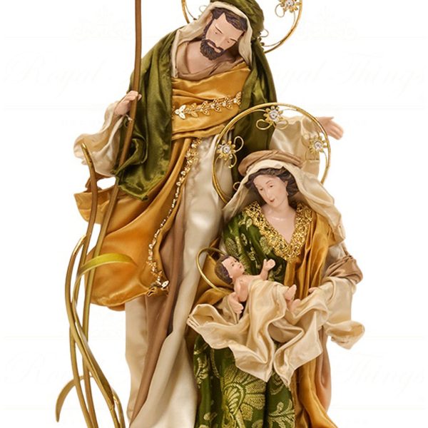Z 19652 Goodwill Christmas Decorative Items Fabric Metal Holy Family Candle Holder Tabletop Green Gold Closeup