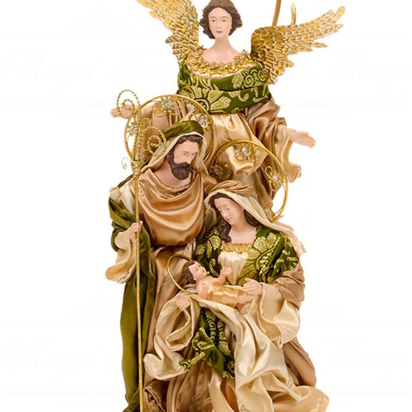 Z 19653 Goodwill Christmas Decorative Items Fabric Metal Holy Family Angel Candle Holder Tabletop Green Cream Closeup