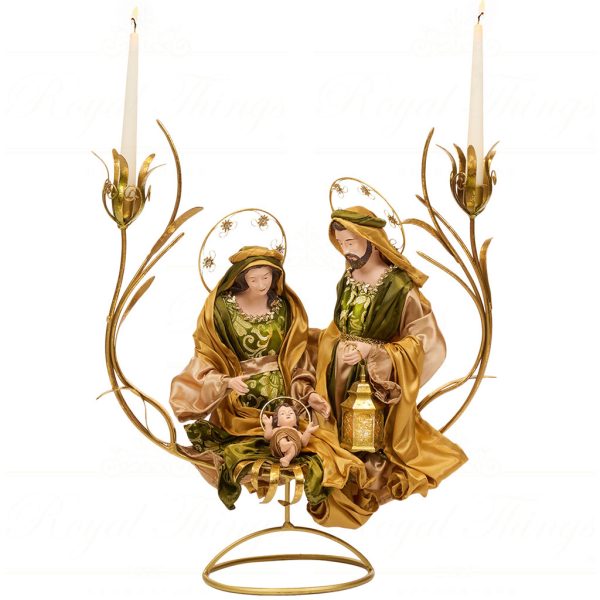 Z 19655 Goodwill Christmas Decorative Items Fabric Metal Holy Family Candle Holder Tabletop Gold Green