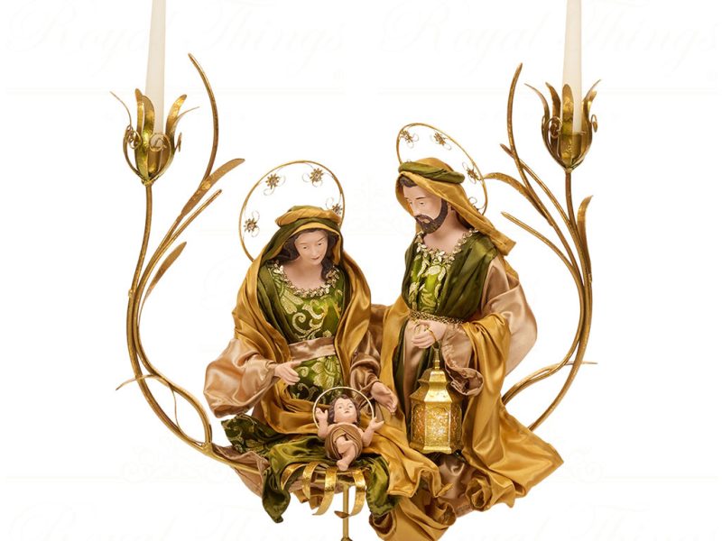 Z 19655 Goodwill Christmas Decorative Items Fabric Metal Holy Family Candle Holder Tabletop Gold Green
