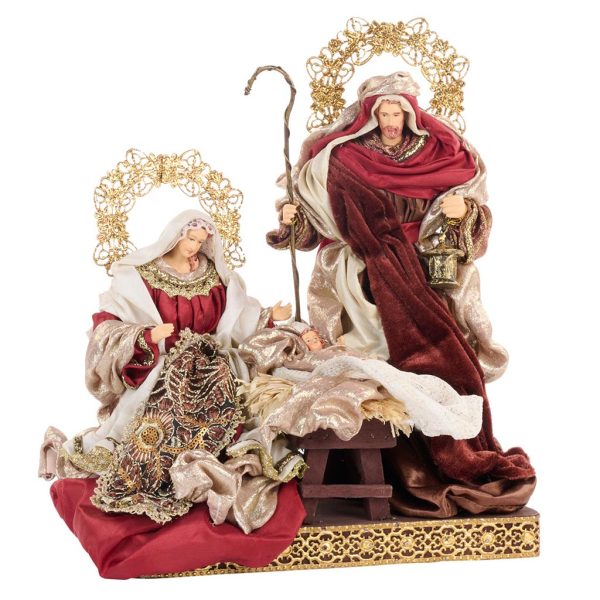 Z 40607 Christmas Decorative Items Holy Family Scene On Base Tabletop Burgundy Brown Gold
