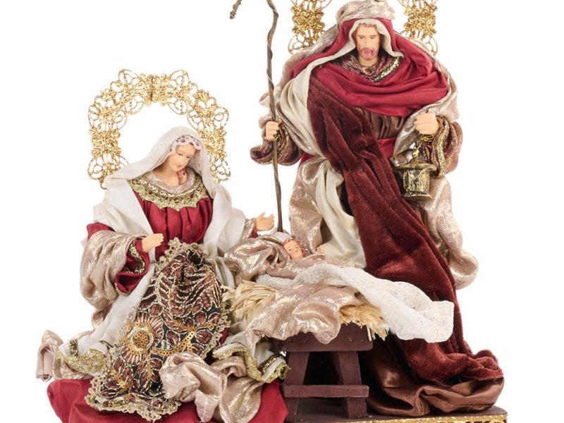 Z 40607 Christmas Decorative Items Holy Family Scene On Base Tabletop Burgundy Brown Gold