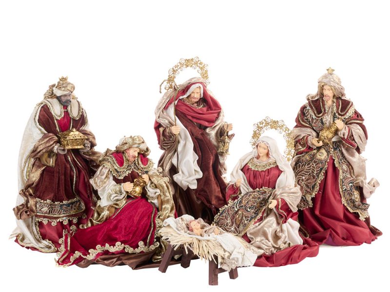 Z 40609 Christmas Decorative Items Holy Family Scene Tabletop Burgundy Brown Gold