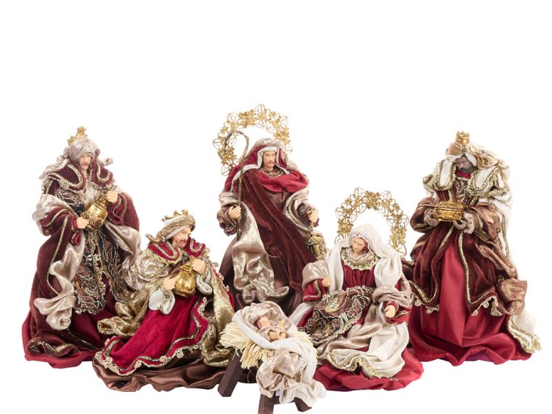 Z 40610 Christmas Decorative Items Holy Family Scene Tabletop Burgundy Brown Gold