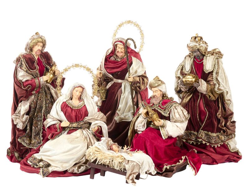 Z 40611 Christmas Decorative Items Holy Family Scene Tabletop Burgundy Brown Gold