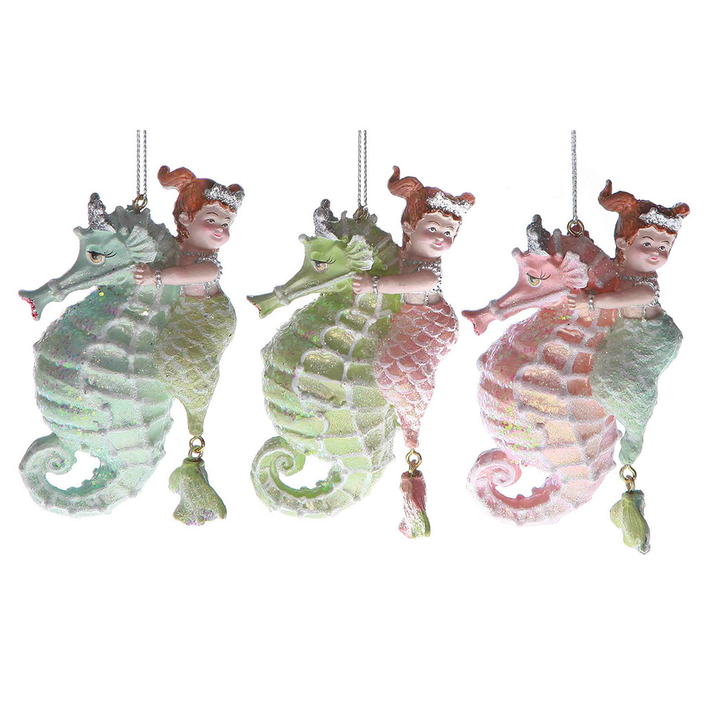 c 10416 goodwill christmas ornaments mermaid on seahorse blue green pink C 10416 Goodwill Christmas Ornaments Mermaid On Seahorse Blue Green Pink