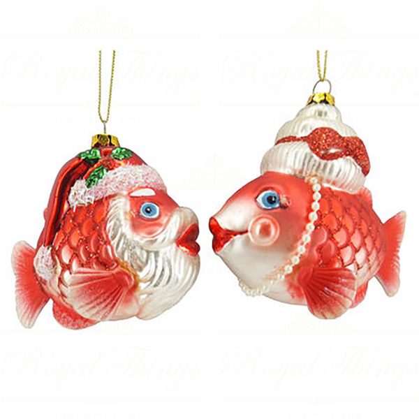 December Diamonds Christmas Glass Ornaments Mr And Mrs Santa Fish Red White Dd 05 05097
