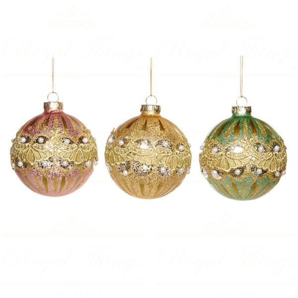 Goodwill Chirstmas Ball Glass Lace Pearl Ball Gold Multi C 18121