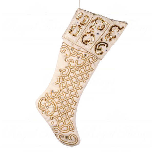 Goodwill Christmas Decorative Items Embroidered Sequin Pearl Stocking Cream Gold If 10219