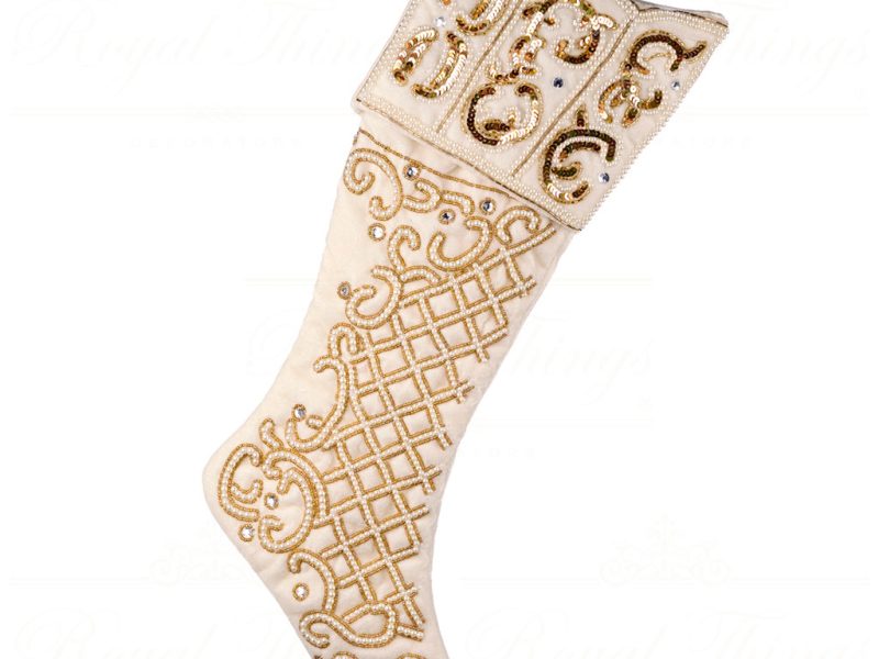 Goodwill Christmas Decorative Items Embroidered Sequin Pearl Stocking Cream Gold If 10219