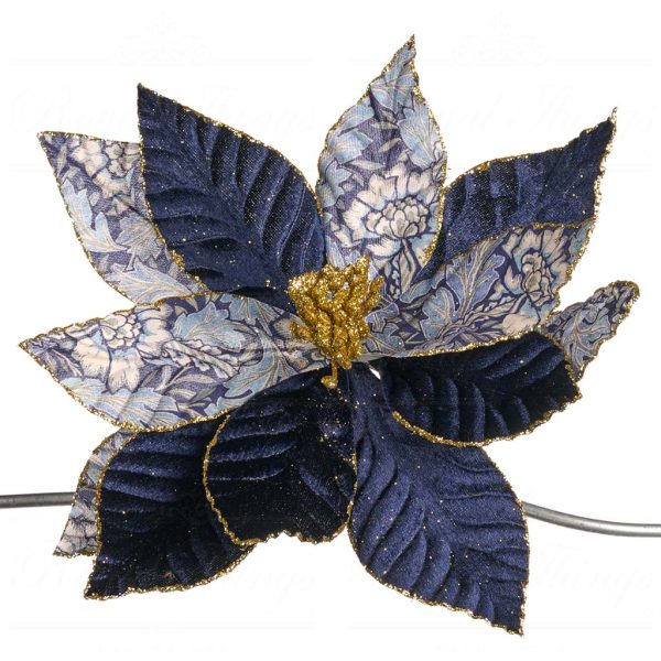 Goodwill Christmas Flowers Fabric Brocade Floral Poinsettia On Clip Blue White Gold Ff 99435