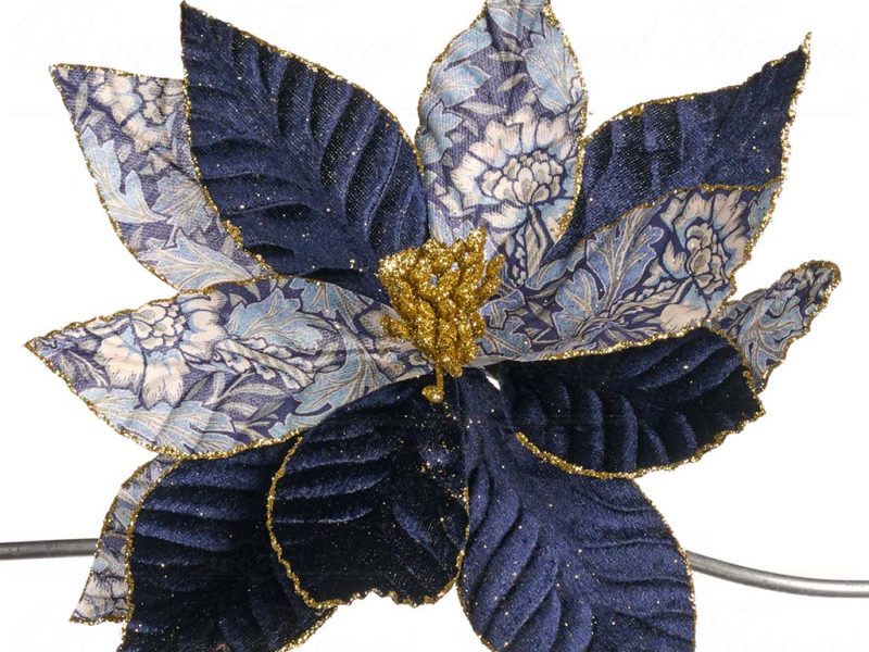 Goodwill Christmas Flowers Fabric Brocade Floral Poinsettia On Clip Blue White Gold Ff 99435